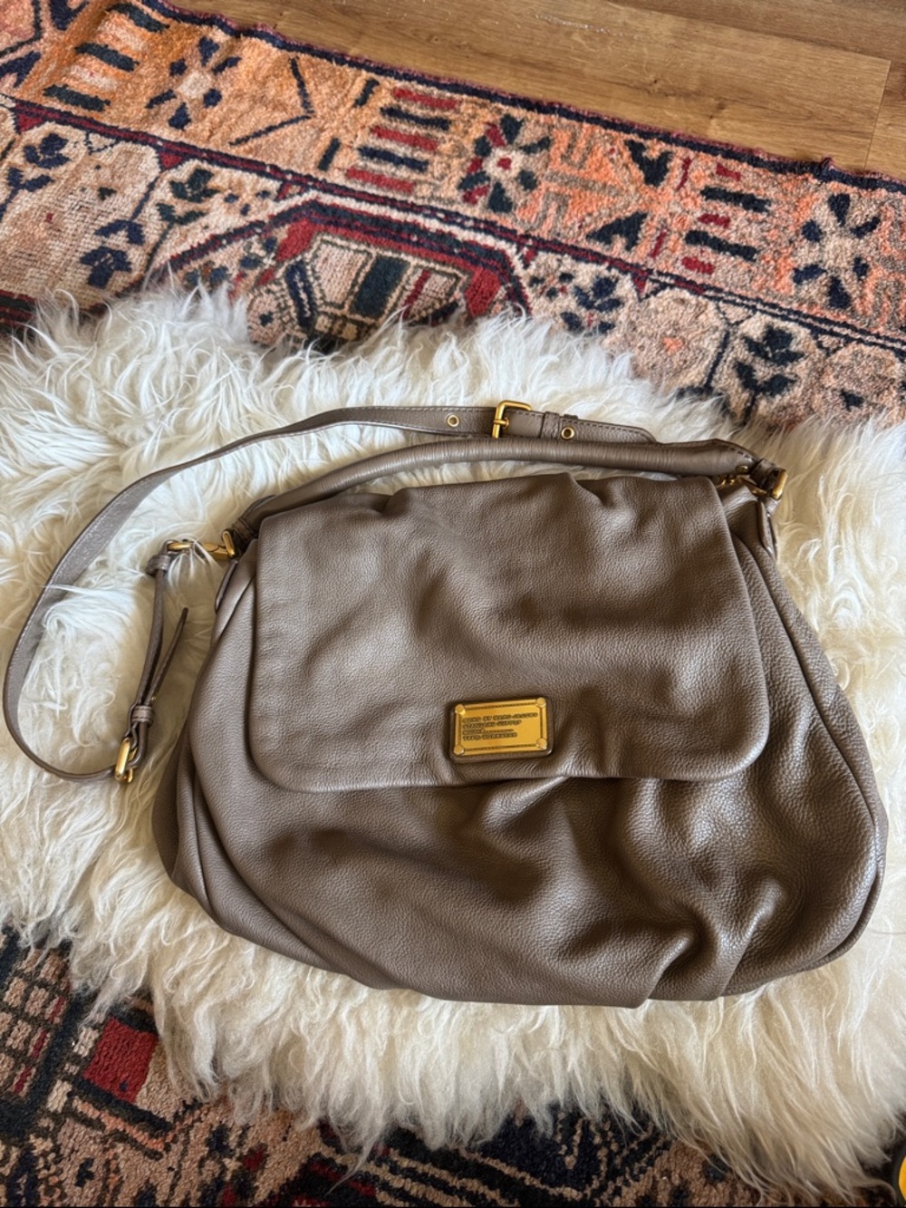 Marc By Marc Jacobs Large Ukita Pebbled Leather Shoulder Bag with Gold Plaque